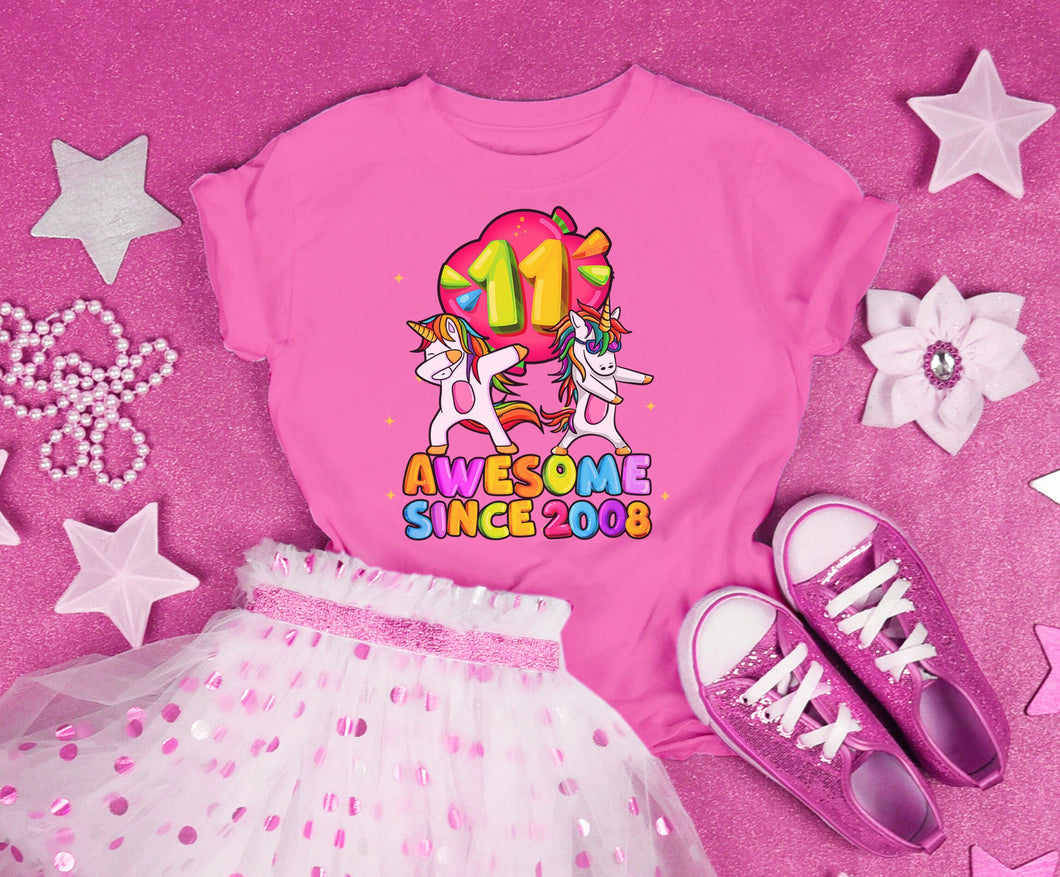 Awesome Since 2008 Cute Dabbing Unicorn Flossing Unicorn Youth or Toddler T Shirt for girls - Shirt For 11 Year Olds Birthday Party- UNI-011